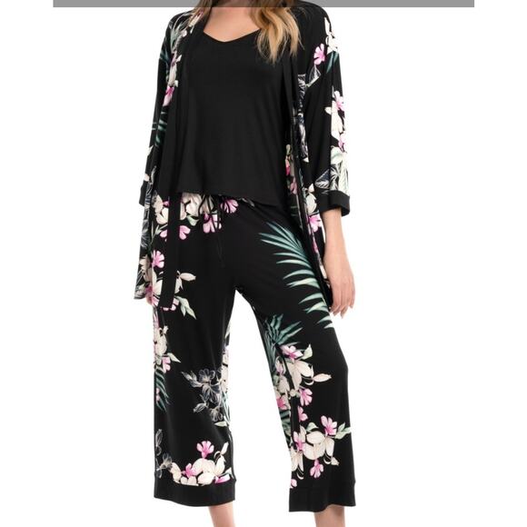 Brand New Linea Donatella Womens Small 3 Piece Black Floral Lounge Set Sleepwear - Picture 2 of 9